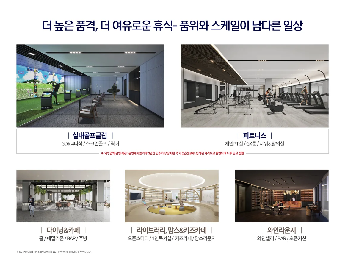 커뮤니티 — 실내골프클럽, 피트니스, 다이닝&카페, 라이브러리·맘스&키즈카페, 와인라운지